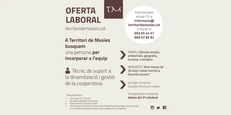 Territori de Masies busca un jove de Garantia Juvenil per incorporar al seu equip