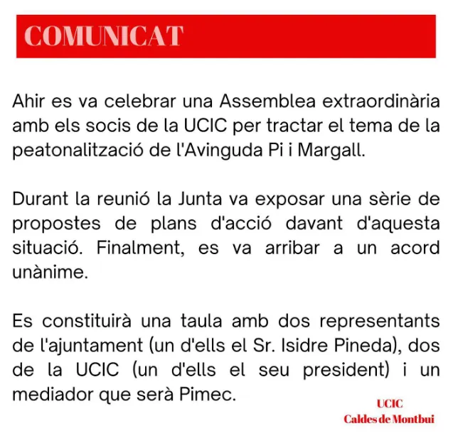 UCIC i Ajuntament s'emplacen per buscar un acord sobre la peatonalització de l'avinguda Pi i Margall els caps de setmana