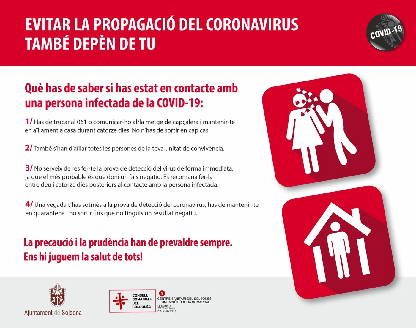 L'Ajuntament de Solsona i el Centre Sanitari publiquen recomanacions per a les persones que han estat en contacte amb infectats de coronavirus