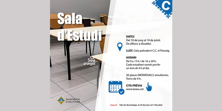 L’Ajuntament de la Seu d’Urgell habilita la sala polivalent del Centre Cívic El Passeig com a sala d’estudi