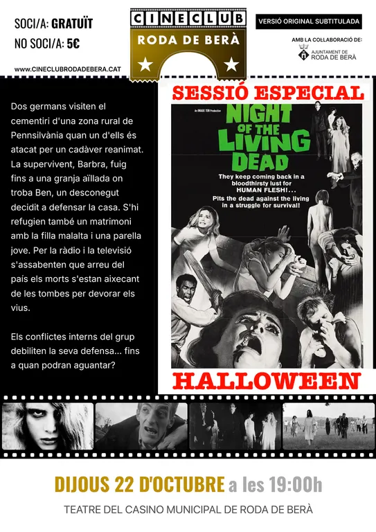 El Cineclub Roda de Berà celebrarà Halloween amb la projecció del clàssic de terror La nit dels morts vivents