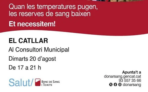 El Consultori Mèdic del Catllar acollirà una jornada de donació de sang el dimarts 20 d’agost