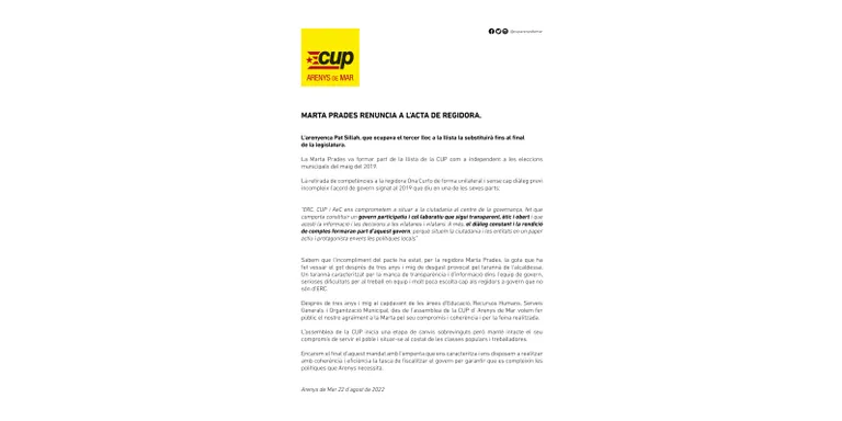 Marta Prades renuncia a l’acta de regidora