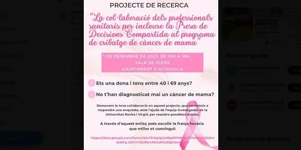 Aquest divendres es realitza una enquesta a dones d'Altafulla entre 40 i 60 anys en el marc d'una recerca sobre el càncer de mama