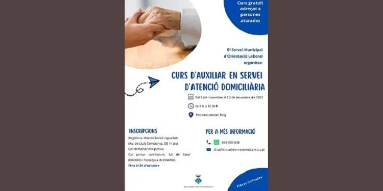 Curs gratuït d'auxiliar en servei d'atenció domiciliària per a persones en situació d'atur a Torredembarra