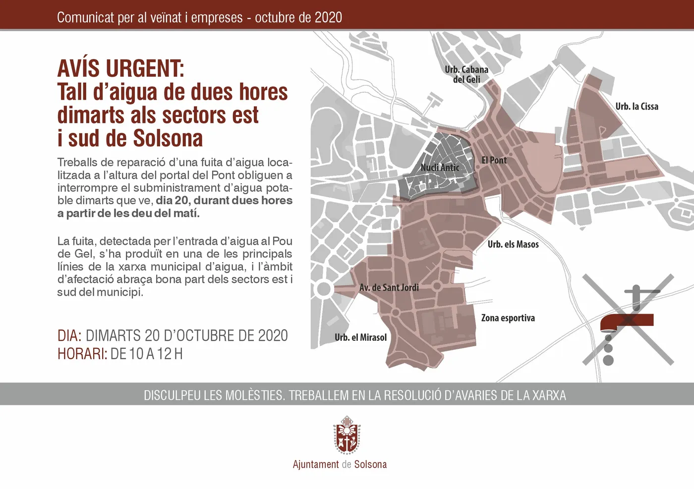 Tall d'aigua de dues hores dijous al matí als sectors sud i est de Solsona