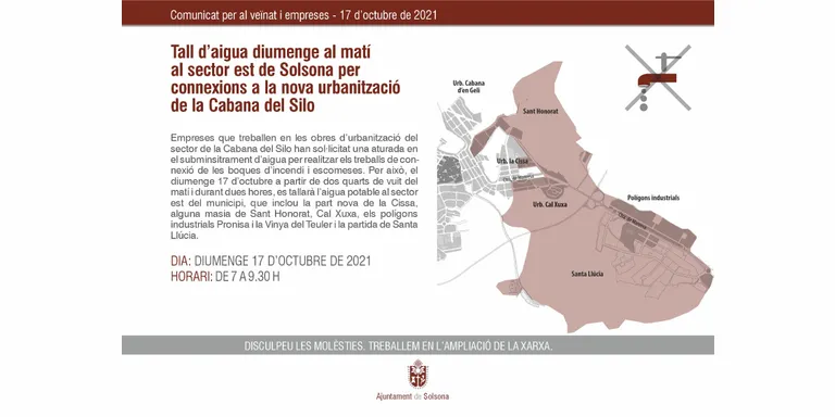 Diumenge al matí es tallarà l'aigua al sector est de Solsona per connexions a la nova urbanització de la Cabana del Silo