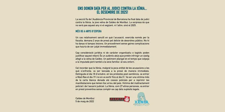 La jove calderina Xènia Garcia, acusada de desordres públics el 2019, serà jutjada el 2025