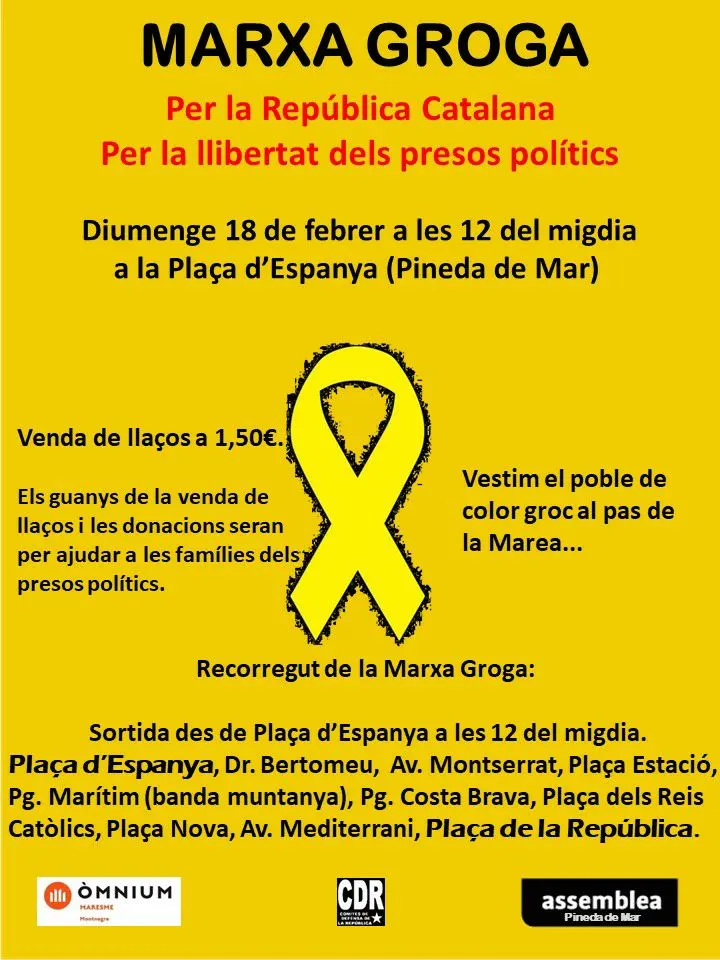 Marxa groga a Pineda i Calella per demanar la llibertat dels presos, al complir-se 4 mesos d'empresonament