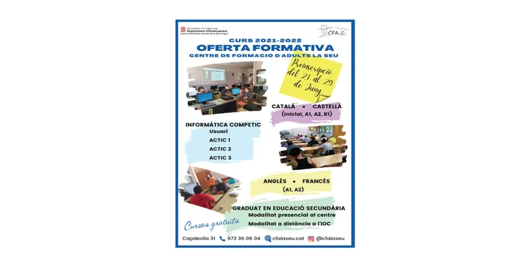 Obertes fins al 29 de juny les preinscripcions per al curs 2021-2022 del Centre de Formació d'Adults de la Seu d'Urgell