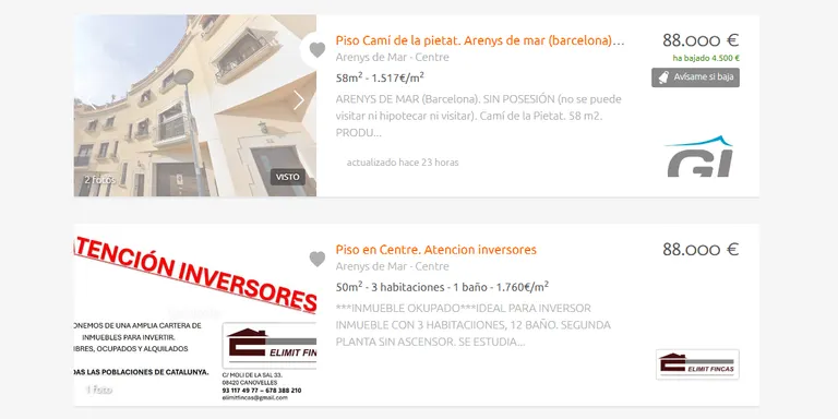 Portals immobiliaris ofereixen pisos en venda a Arenys de Mar molt per sota del preu de mercat