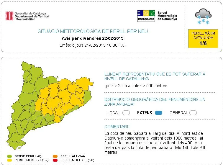Activada la prealerta del Pla NEUCAT per nevades a cotes baixes