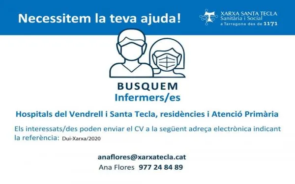 La Xarxa Santa Tecla busca professionals d’infermeria per atendre l’increment d’activitat del sistema sanitari