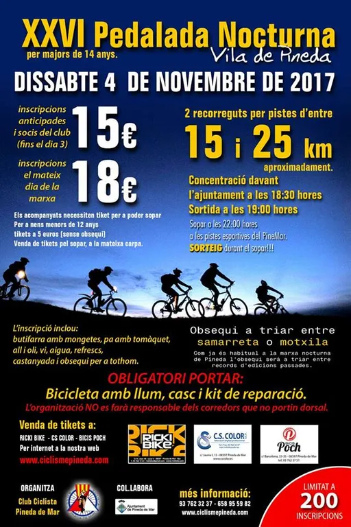 Arriba la 26ena edició de la Pedalada Nocturna 'Vila de Pineda'