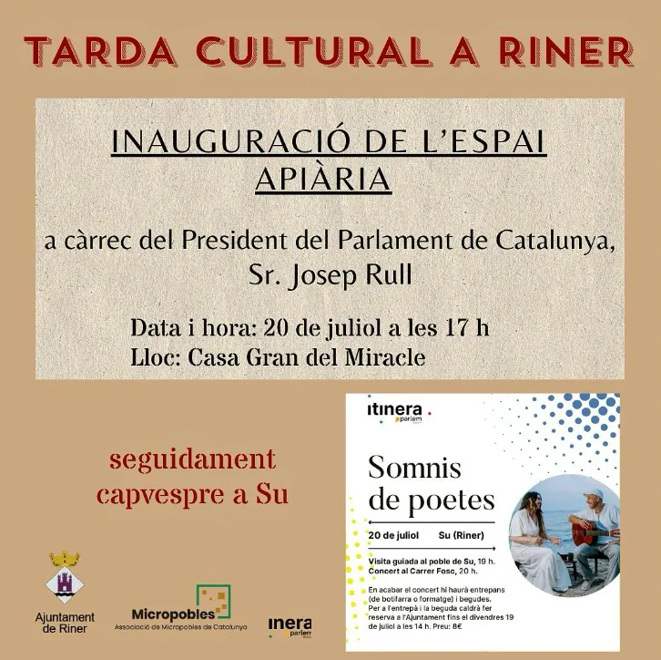El president del Parlament, Josep Rull, inaugurarà dissabte el nou Espai Apiària al Miracle