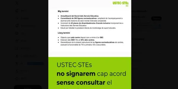 USTEC-STEs, la CGT i la Intersindical volen que els professionals valorin l’acord proposat pel Govern