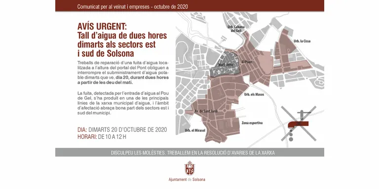 Tall d'aigua de dues hores dijous al matí als sectors sud i est de Solsona