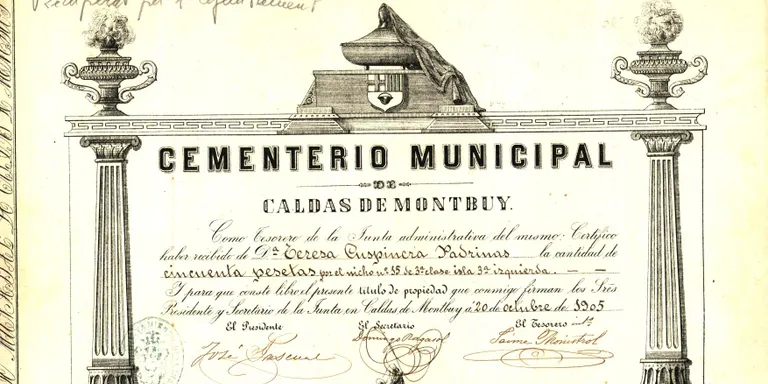 L'arxiu municipal presenta el títol de propietat d'un nínxol del cementiri que data de 1905