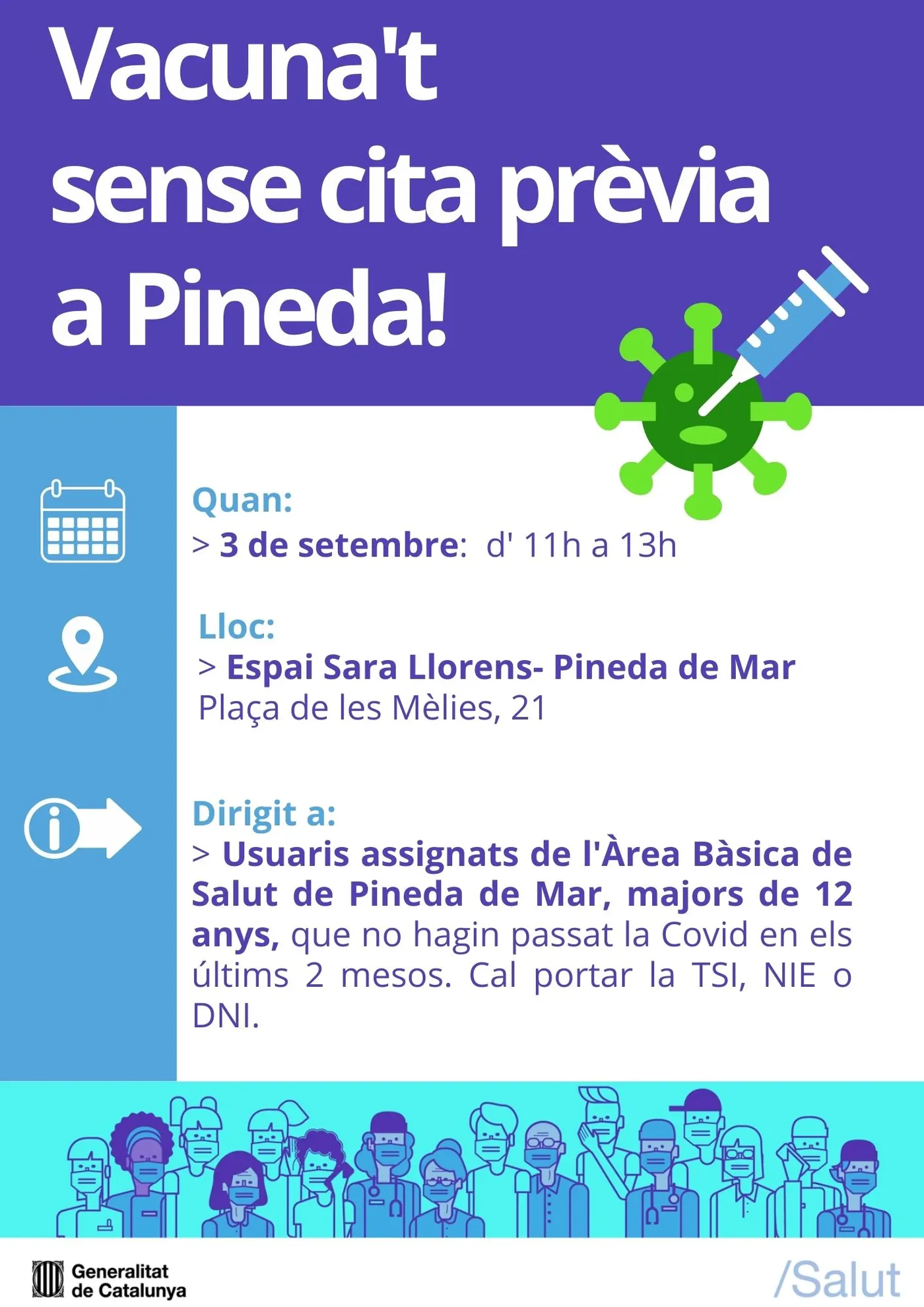 Divendres, 3 de setembre, nova jornada de vacunació a Pineda sense cita prèvia