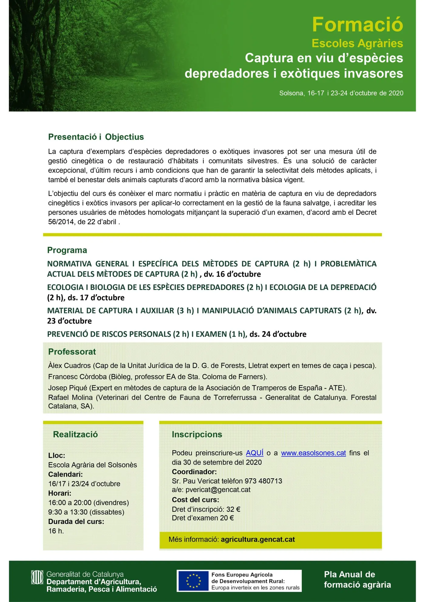 L'Escola Agrària del Solsonès obre les inscripcions de dos cursos relacionats amb el món de la caça