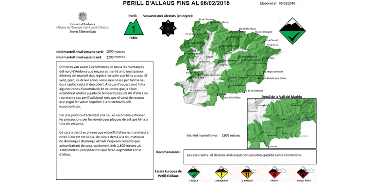 El Butlletí de perill d’allaus d’Andorra s’amplia amb el detall del risc segons l’alçada i les zones del Principat