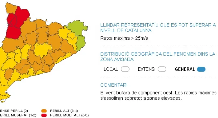 Protecció Civil activa la fase d'alerta PROCICAT per fortes ventades 
