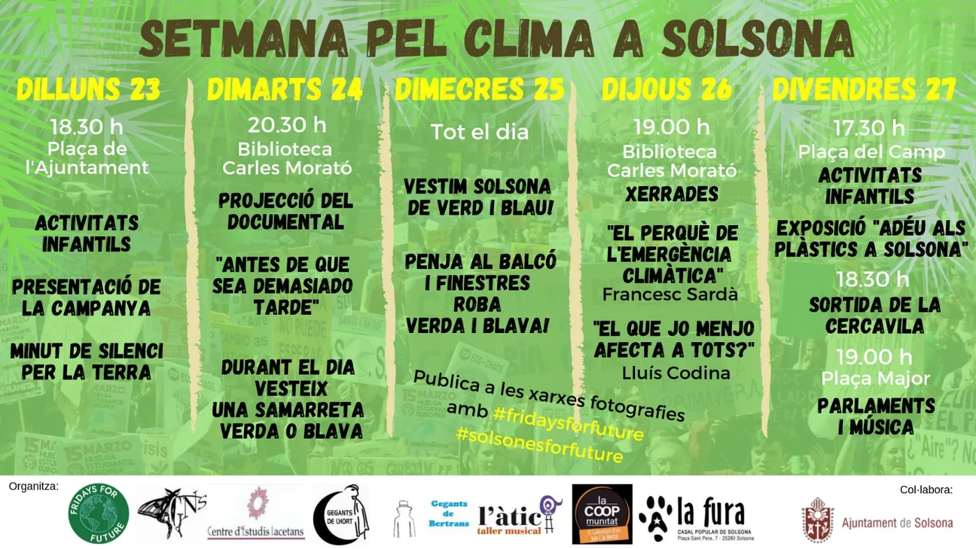 Solsona s'adhereix a les mobilitzacions mundials de la Setmana pel Clima amb una dotzena d'activitats a partir de dilluns