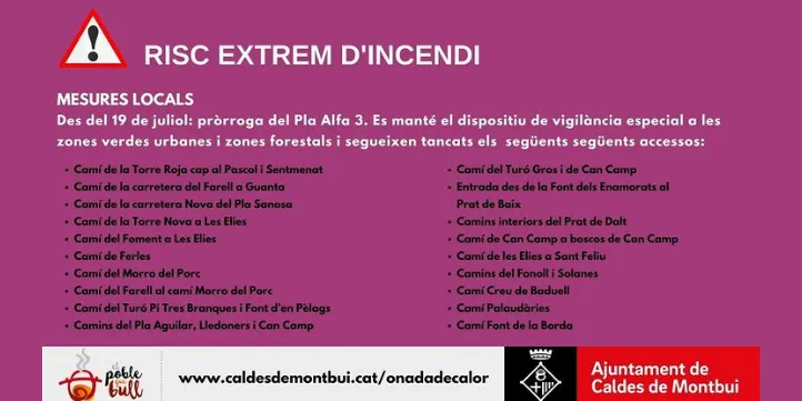 L'alerta per alt risc d'incendi a Caldes es prorroga de forma indefinida