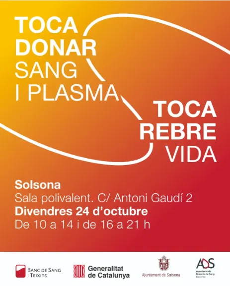El Banc de Sang i l'Associació de Donants de Sang del Solsonès fan una crida a participar a l'acapte de sang del proper dia 24 a Solsona