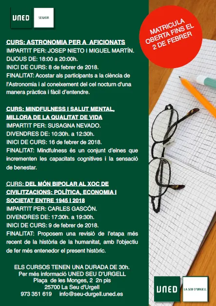 El programa UNED Sènior ofereix tres nous cursos a la Seu