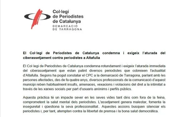 El Col·legi de Periodistes de Catalunya condemna el ciberassetjament als periodistes que segueixen l’actualitat d’Altafulla