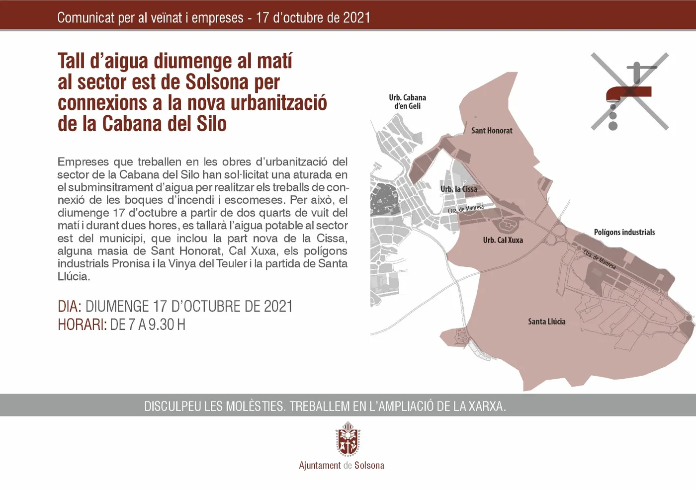 Diumenge al matí es tallarà l'aigua al sector est de Solsona per connexions a la nova urbanització de la Cabana del Silo