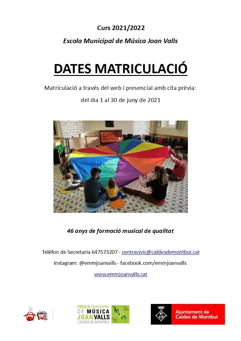 L’Escola Municipal de Música Joan Valls ha anunciat el període de matriculació per al curs 2021/2022