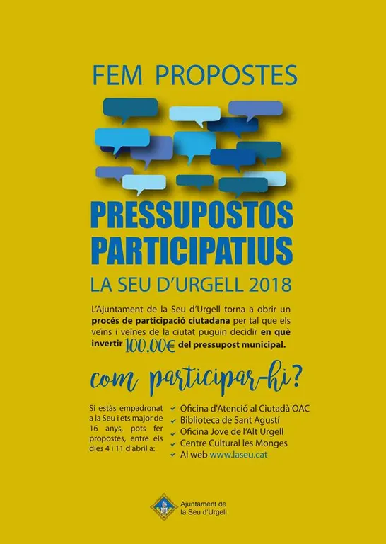 Oberta la fase de presentació de propostes als Pressupostos Participatius de la Seu