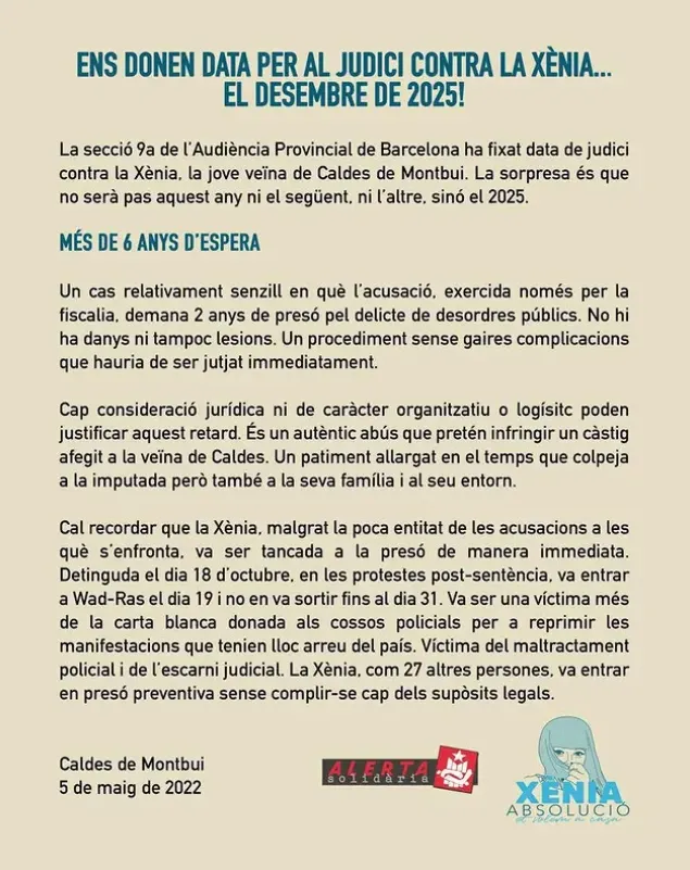 La jove calderina Xènia Garcia, acusada de desordres públics el 2019, serà jutjada el 2025