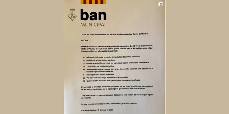 Ahir diumenge l'Alcalde Isidre Pineda va emetre un BAN Municipal amb els casos en què es permet circular per Caldes