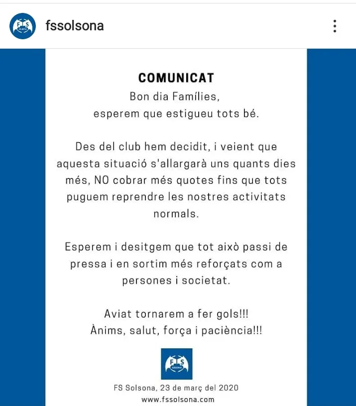 El Futbol Sala Solsona suspèn el cobrament de quotes