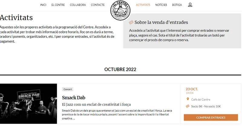 L’Ateneu el Centre incorpora al nou web un gestor propi de venda d’entrades