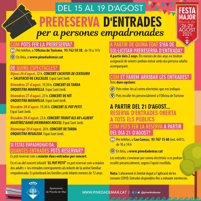 Les persones empadronades a Pineda poden demanar entrades pels concerts de Festa Major