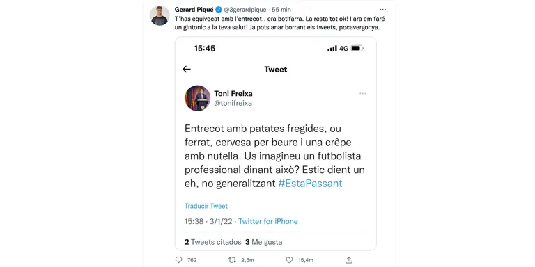 Piqué contesta a Toni Freixa per Twitter: "Ja pots anar borrant tuits, pocavergonya"