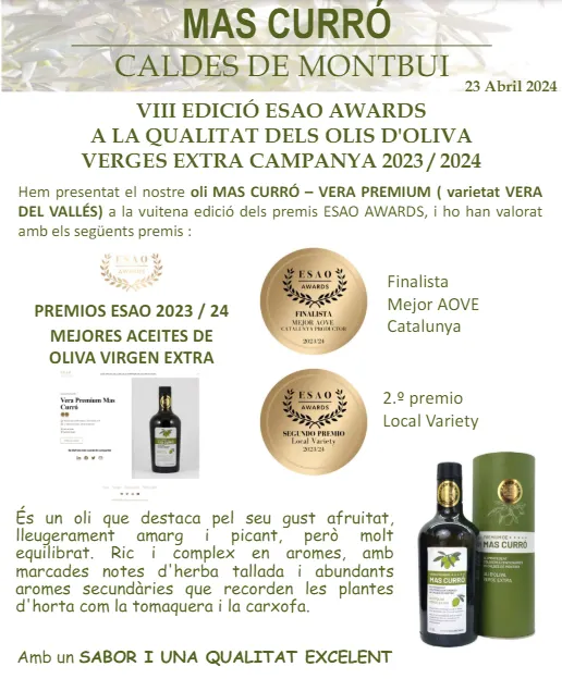 La productora d’oli “Mas Curró” de Caldes ha rebut un doble reconeixement als ESAO Awards