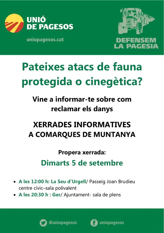 Unió de Pagesos organitza a la Seu i Ger xerrades sobre les reclamacions per danys de la fauna salvatge