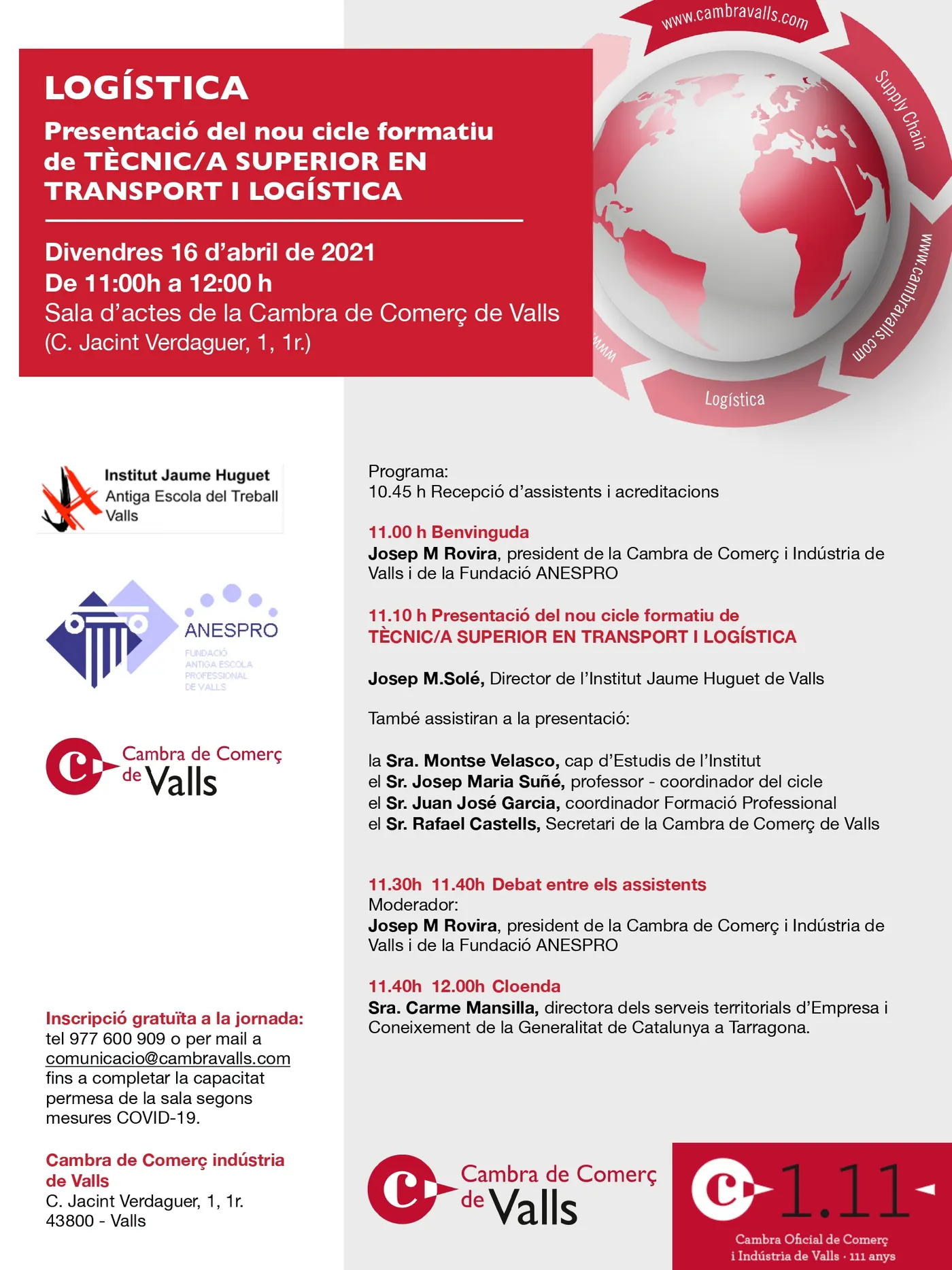 El Cicle Formatiu de l’IES Jaume Huguet de Transport i Logística es presenta divendres a la Cambra de Comerç