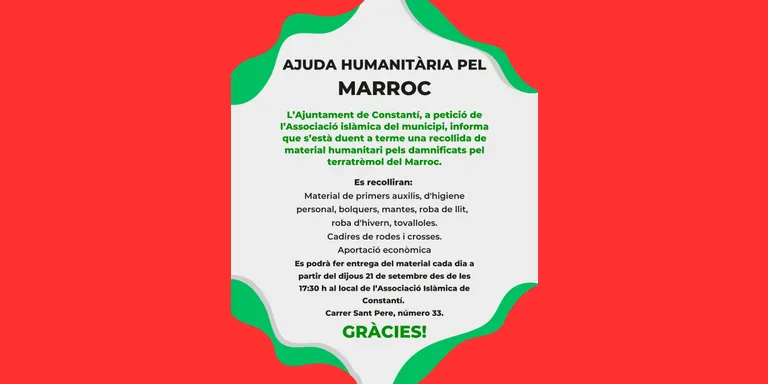 Campanya d’ajuda humanitària per als afectats pel terratrèmol del Marroc