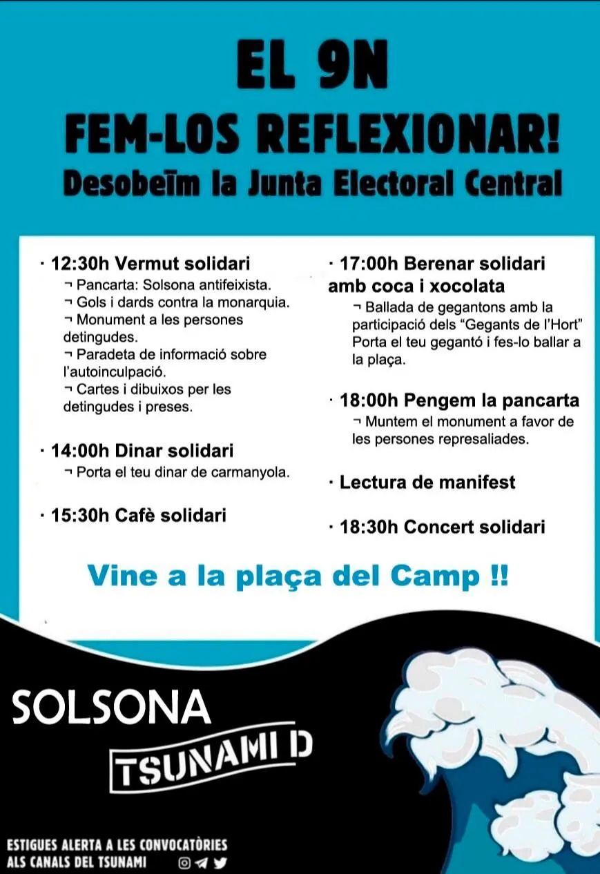 Tsunami Democràtic convoca un programa d'activitats lúdiques i reivindicatives a Solsona durant la jornada de reflexió d'aquest dissabte