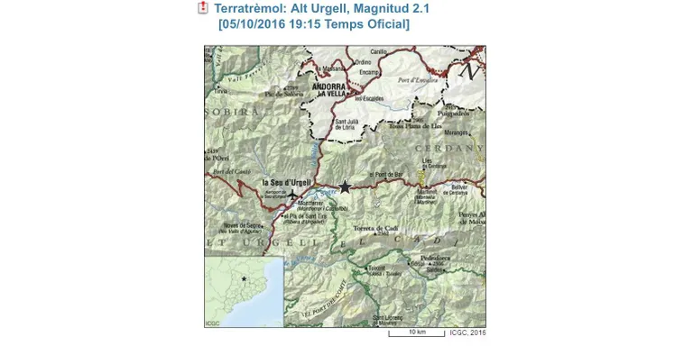 Terratrèmol de 2,1 graus a l'Alt Urgell