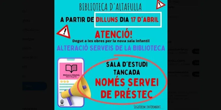 La sala d'estudi de la Biblioteca d'Altafulla romandrà tancada durant prop d'un mes a partir de dilluns