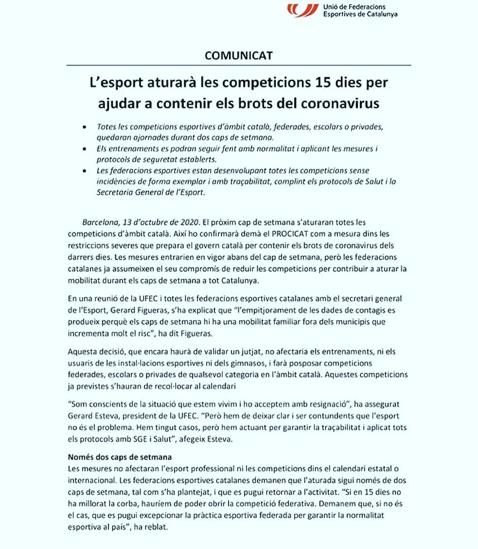 Les noves mesures anticovid afecten l'esport calderí