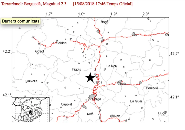L’Institut Cartogràfic registra un terratrèmol de magnitud 2,3 a prop de Cercs