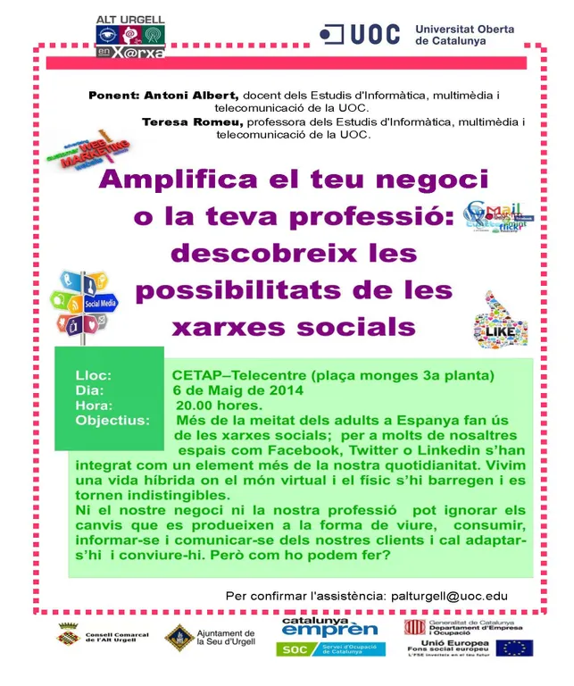 Les xarxes socials com a suport a empreses i professionals, tema de la pròxima xerrada al Telecentre de l'Alt Urgell